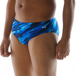 TYR Vitality Racer Swimsuit - 2023 swimsuit with a blue and black abstract pattern on a model's body.