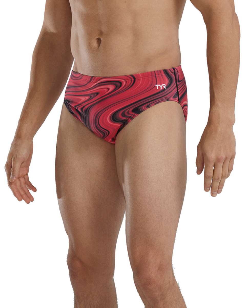 TYR Vitality Racer Swimsuit - 2023 swimsuit with a red, black, and white marbled pattern on a model's torso.