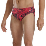 TYR Vitality Racer Swimsuit - 2023 swimsuit with a red, black, and white marbled pattern on a model's torso.