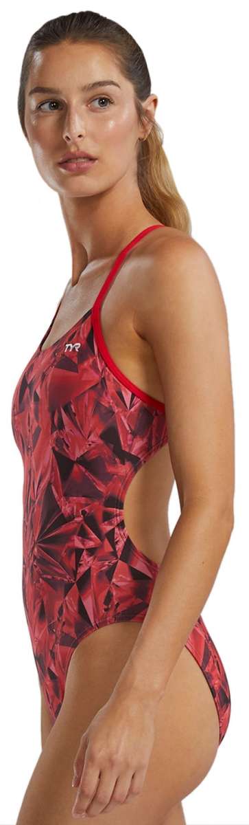 TYR Women's Crystalized Cutout Swimsuit - A red swimsuit with a geometric pattern and cutouts on the sides.