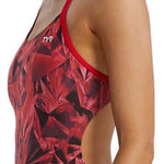 TYR Women's Crystalized Cutout Swimsuit - A red swimsuit with a geometric pattern and cutouts on the sides.