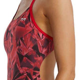 TYR Women's Crystalized Cutout Swimsuit - A red swimsuit with a geometric pattern and cutouts on the sides.