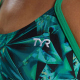 TYR Women's Crystalized Cutout Swimsuit - A green swimsuit with a geometric pattern and cutouts on the sides, featuring a crystal-like design.