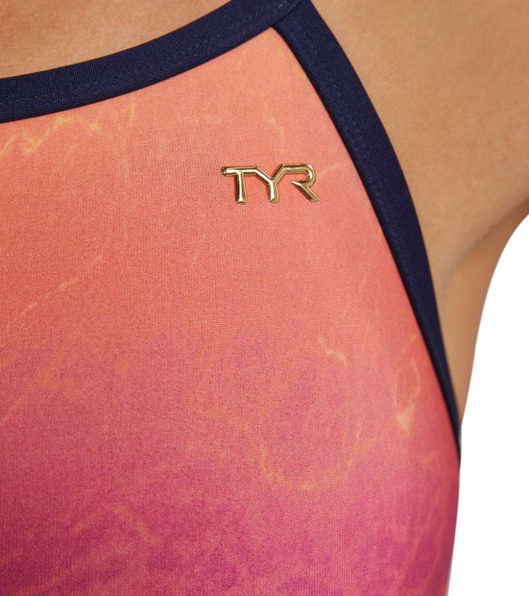 TYR Women's Diamondfit Infrared Swimsuit - A pink and orange ombre swimsuit with a diamond pattern on the torso.