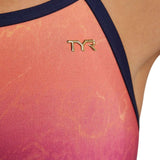 TYR Women's Diamondfit Infrared Swimsuit - A pink and orange ombre swimsuit with a diamond pattern on the torso.
