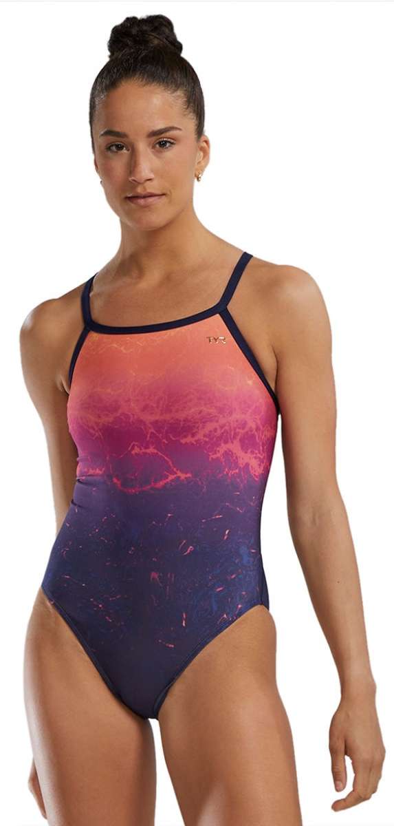 TYR Women's Diamondfit Infrared Swimsuit - A pink and orange ombre swimsuit with a marble pattern on the torso.