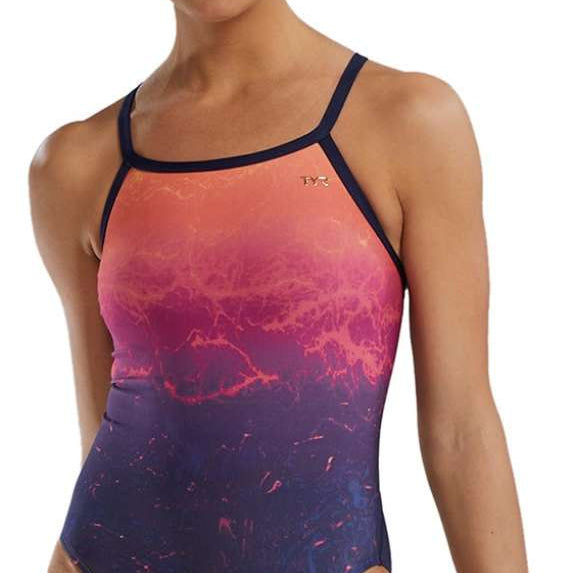 TYR Women's Diamondfit Infrared Swimsuit - A pink and orange ombre swimsuit with a marble pattern on the torso.
