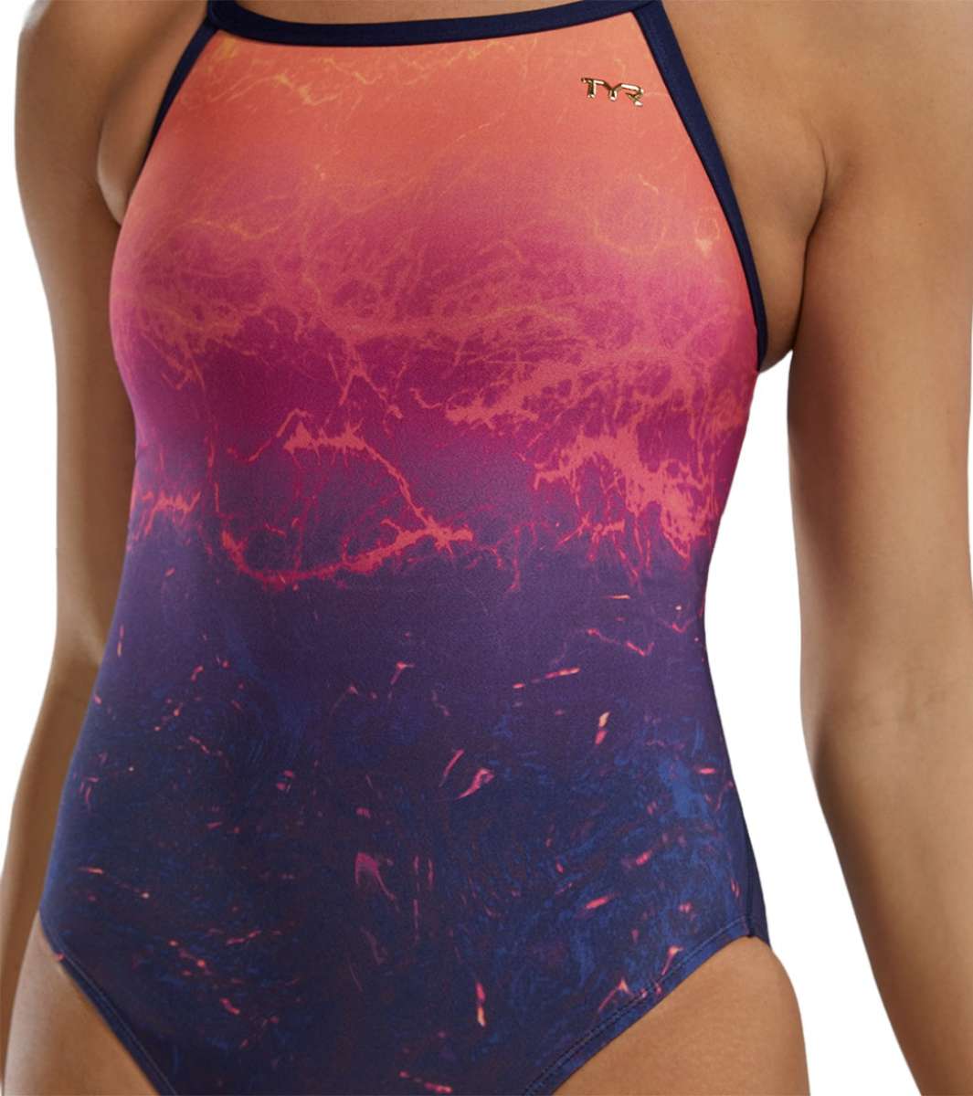 TYR Women's Diamondfit Infrared Swimsuit - A pink and orange ombre swimsuit with a marble pattern on the torso area.