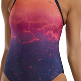 TYR Women's Diamondfit Infrared Swimsuit - A pink and orange ombre swimsuit with a marble pattern on the torso area.