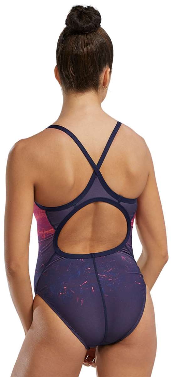 TYR Women's Diamondfit Infrared Swimsuit - A navy blue swimsuit with a pink and orange pattern on the upper back.