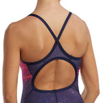 TYR Women's Diamondfit Infrared Swimsuit - A navy blue swimsuit with a pink and orange pattern on the upper back.