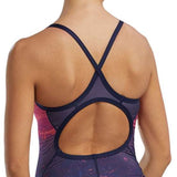 TYR Women's Diamondfit Infrared Swimsuit - A navy blue swimsuit with a pink and orange pattern on the upper back.