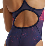 TYR Women's Diamondfit Infrared Swimsuit - A black swimsuit with a pink and blue marbled pattern on the sides.