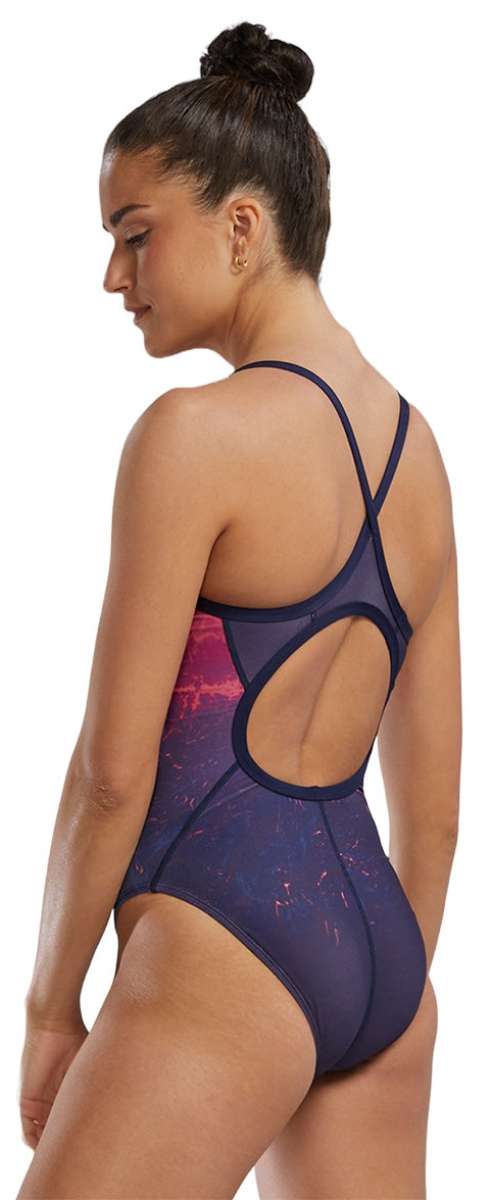 TYR Women's Diamondfit Infrared Swimsuit - A navy blue swimsuit with a pink and orange infrared pattern on the front.