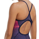 TYR Women's Diamondfit Infrared Swimsuit - A navy blue swimsuit with a pink and orange infrared pattern on the front.