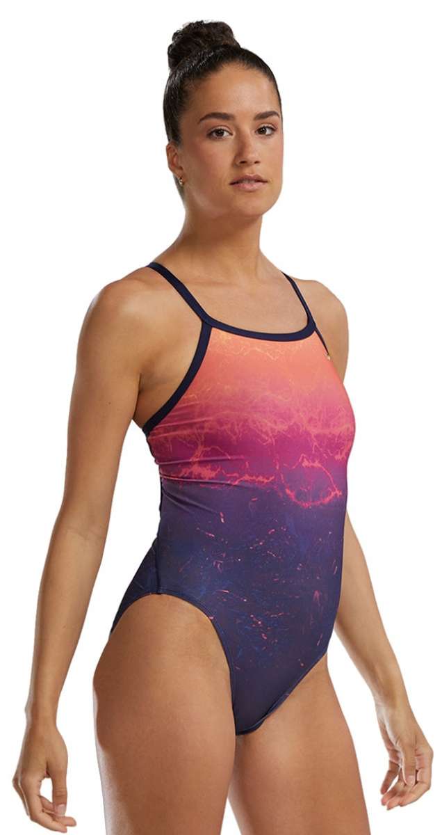 TYR Women's Diamondfit Infrared Swimsuit - A pink and black one-piece swimsuit with a high-cut leg and thin straps.
