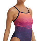 TYR Women's Diamondfit Infrared Swimsuit - A pink and black one-piece swimsuit with a high-cut leg and thin straps.