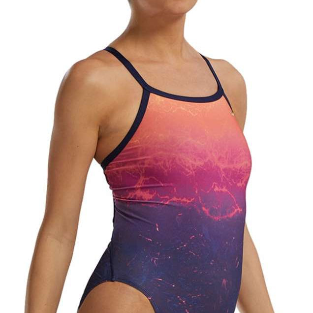 TYR Women's Diamondfit Infrared Swimsuit - A pink and black one-piece swimsuit with a high-cut leg and thin straps.