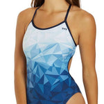 TYR Women's Geoscope Trinityfit One Piece Swimsuit - A blue and white one-piece swimsuit with a geometric pattern on the torso.
