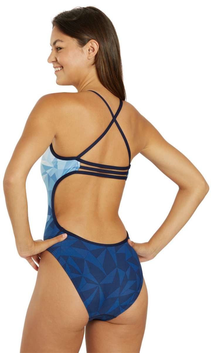 TYR Women's Geoscope Trinityfit One Piece Swimsuit - A blue and white one-piece swimsuit with a geometric pattern on the torso.