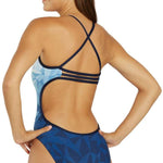 TYR Women's Geoscope Trinityfit One Piece Swimsuit - A blue and white one-piece swimsuit with a geometric pattern on the torso.