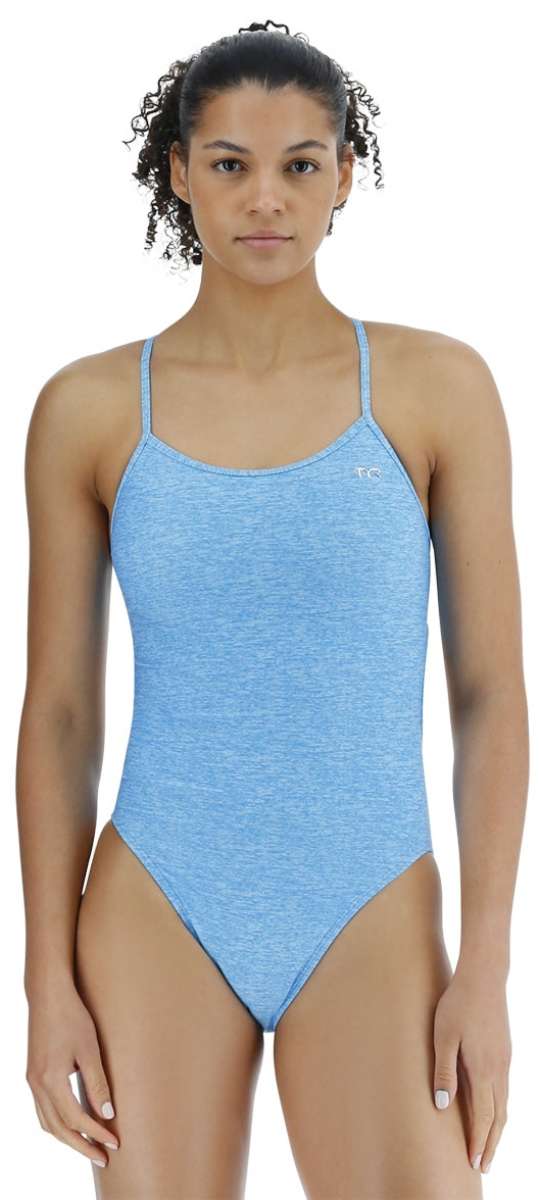 TYR Women's Lapped Trinityfit Swimsuit - A light blue swimsuit with a textured pattern and thin straps.