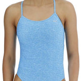 TYR Women's Lapped Trinityfit Swimsuit - A light blue swimsuit with a textured pattern and thin straps.