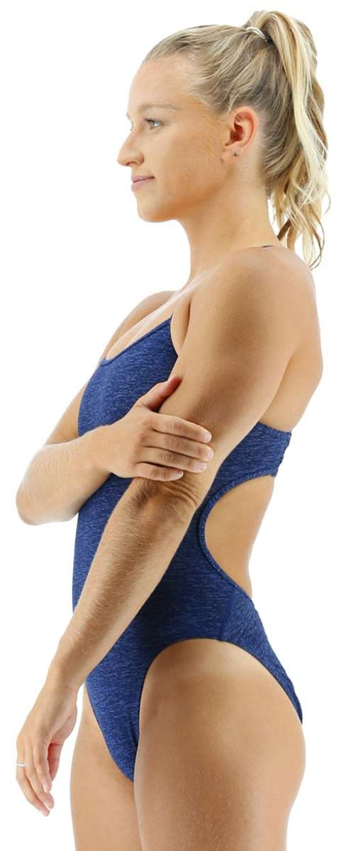 TYR Women's Lapped Trinityfit Swimsuit - A royal blue swimsuit with a textured pattern and a high-cut leg.