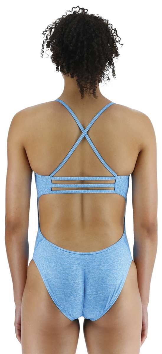 TYR Women's Lapped Trinityfit Swimsuit - A light blue swimsuit with a lapped design and thin straps.