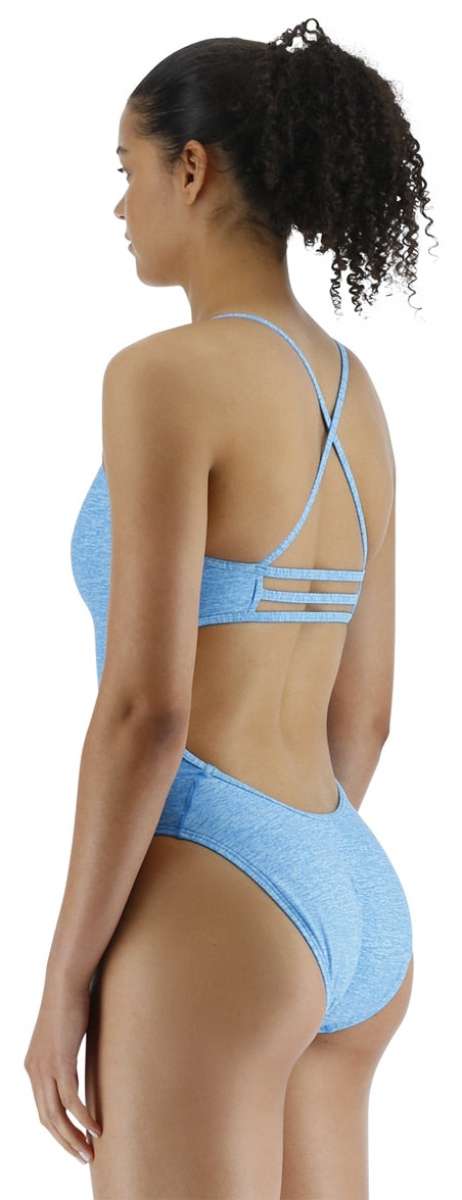 TYR Women's Lapped Trinityfit Swimsuit - A light blue swimsuit with a latticed pattern on the top straps and a solid color bottom.