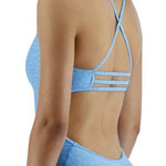 TYR Women's Lapped Trinityfit Swimsuit - A light blue swimsuit with a latticed pattern on the top straps and a solid color bottom.