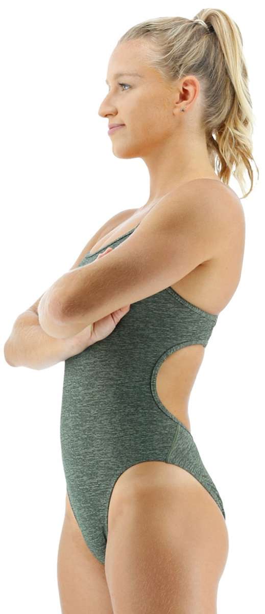 TYR Women's Lapped Trinityfit Swimsuit - A dark green swimsuit with a latticework pattern on the torso and straps.