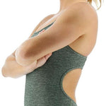 TYR Women's Lapped Trinityfit Swimsuit - A dark green swimsuit with a latticework pattern on the torso and straps.