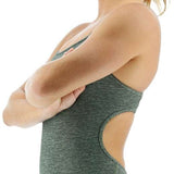 TYR Women's Lapped Trinityfit Swimsuit - A dark green swimsuit with a latticework pattern on the torso and straps.