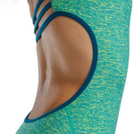 TYR Women's Lapped Trinityfit Swimsuit - A green and yellow swimsuit with a textured pattern, featuring thin straps that crisscross over the back.