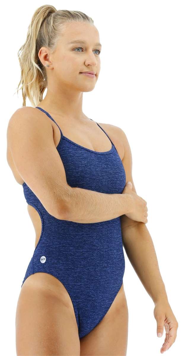 TYR Women's Lapped Trinityfit Swimsuit - A royal blue one-piece swimsuit with a textured pattern and thin straps.