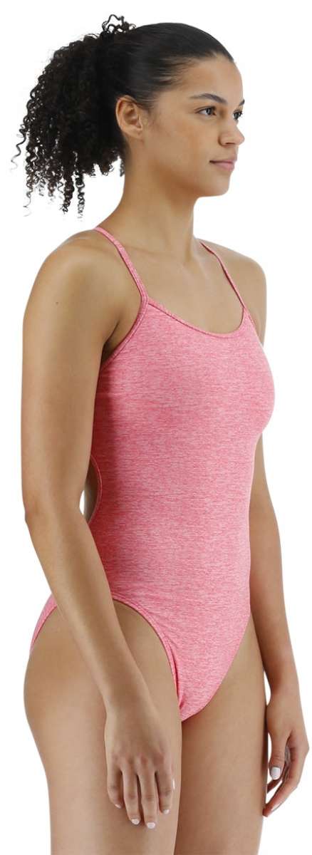 TYR Women's Lapped Trinityfit Swimsuit - A pink swimsuit with a lapped design, featuring thin straps and a high-cut leg.