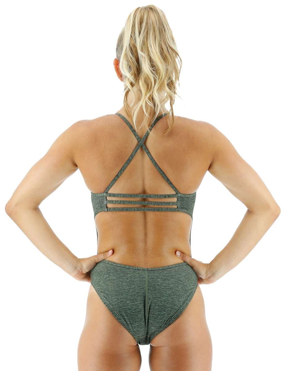 TYR Women's Lapped Trinityfit Swimsuit - A dark green swimsuit with a textured pattern and thin straps.