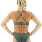 TYR Women's Lapped Trinityfit Swimsuit - A dark green swimsuit with a textured pattern and thin straps.