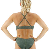 TYR Women's Lapped Trinityfit Swimsuit - A dark green swimsuit with a textured pattern and thin straps.