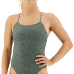 TYR Women's Lapped Trinityfit Swimsuit - A dark green swimsuit with a textured pattern and thin straps.