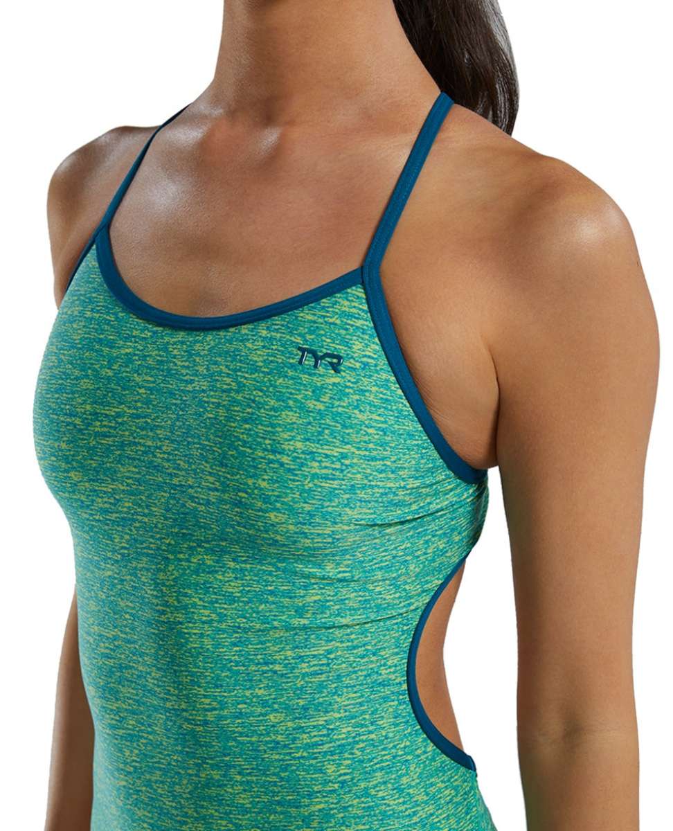 TYR Women's Lapped Trinityfit Swimsuit - A women's swimsuit with a blue and yellow patterned design, featuring thin straps and a small black logo on the upper left side.