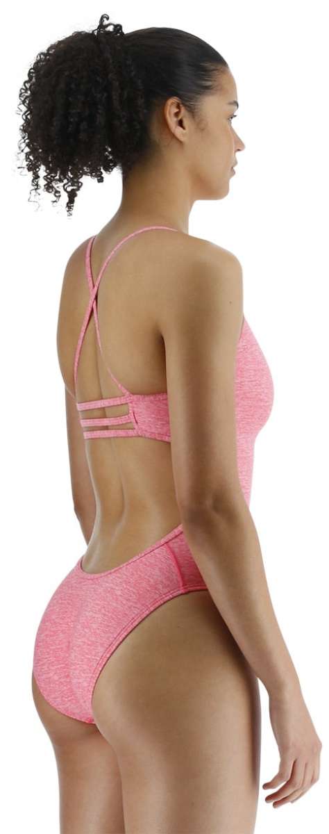 TYR Women's Lapped Trinityfit Swimsuit - A pink and black two-piece swimsuit with a lapped design, featuring a high-waisted bottom and a matching top with thin straps.