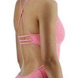 TYR Women's Lapped Trinityfit Swimsuit - A pink and black two-piece swimsuit with a lapped design, featuring a high-waisted bottom and a matching top with thin straps.