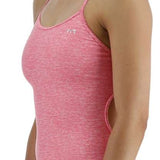 TYR Women's Lapped Trinityfit Swimsuit - A pink one-piece swimsuit with a textured pattern and thin straps.