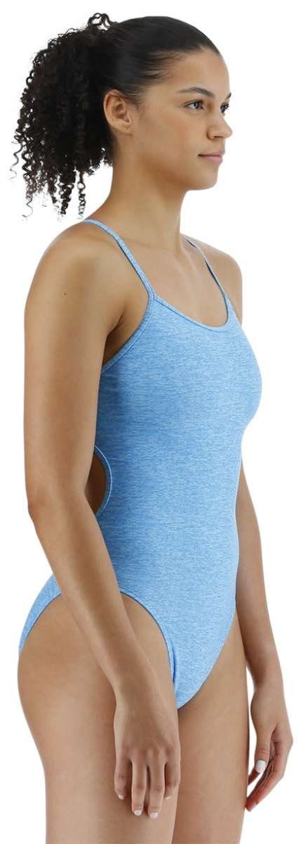 TYR Women's Lapped Trinityfit Swimsuit - A black one-piece swimsuit with a lapped design and thin straps.