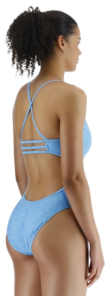 TYR Women's Lapped Trinityfit Swimsuit - A light blue swimsuit with a latticed design on the top straps and a high-waisted bottom.