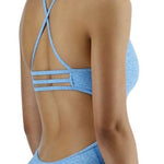 TYR Women's Lapped Trinityfit Swimsuit - A light blue swimsuit with a latticed design on the top straps and a high-waisted bottom.