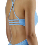 TYR Women's Lapped Trinityfit Swimsuit - A light blue swimsuit with a latticed design on the top straps and a high-waisted bottom.