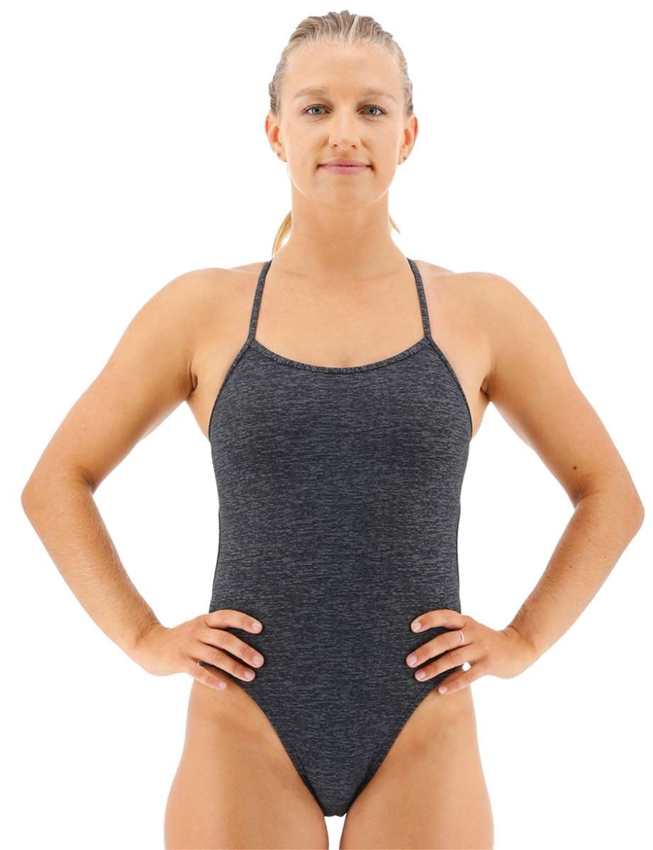 TYR Women's Lapped Trinityfit Swimsuit - A dark blue one-piece swimsuit with thin straps and a high-cut leg.